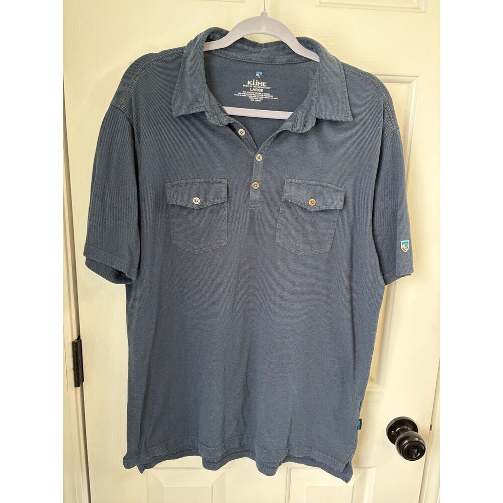 KUHL Men's Cotton Blend Outdoor Hiking Polo Blue Stripe Size Large